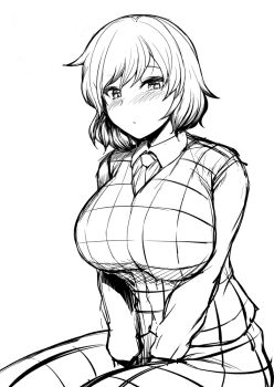 Rule 34 | 1girl, ascot, between legs, blush, breasts, collared shirt, commentary request, cowboy shot, gingham skirt, gingham vest (clothing), greyscale, hand between legs, kazami yuuka, large breasts, looking at viewer, monochrome, open mouth, sadahiro (chicken nugget gyuuniku aji), shirt, short hair, simple background, skirt, skirt set, solo, touhou