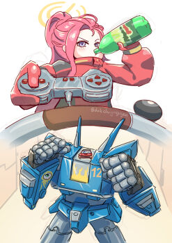 1girl absurdres artist_name blue_archive bodysuit bottle car clenched_hands commentary controller crossover drinking english_commentary fighting_stance flame_print game_controller gloves halo highres holding holding_bottle holding_controller holding_game_controller long_hair man_watching_tv_(meme) mecha megas_xlr megas_xlr_(mecha) meme motor_vehicle mountain_dew muscle_car official_alternate_costume plymouth_barracuda ponytail purple_eyes red_bodysuit red_gloves red_hair robot soda_bottle solo twitter_username uncleduk yellow_halo yuzu_(blue_archive) yuzu_(pilot_suit)_(blue_archive)