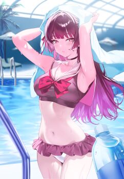 1girl absurdres alternate_costume arms_up bikini black_choker black_shirt black_skirt blush bottle bow bowtie breasts chisa_(wuthering_waves) choker collarbone commentary_request crop_top grape_fruit_(vyvr8457) hair_ribbon highres holding holding_bottle holding_towel indoors long_hair looking_at_viewer medium_breasts miniskirt navel out_of_frame parted_lips pool pov pov_hands red_bow red_bowtie red_eyes red_ribbon ribbon sailor_collar shirt skirt solo stomach swimsuit thighs towel water_bottle wet white_bikini white_sailor_collar wiping wuthering_waves