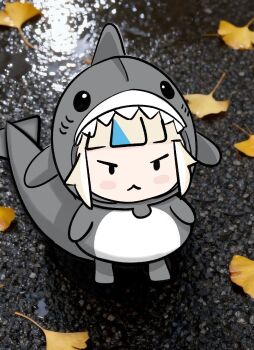 1girl animal_costume animal_hood blonde_hair blue_streaks blunt_bangs commentary english_commentary engrish_commentary fins fish_girl fish_tail highres hood indie_virtual_youtuber multicolored_hair photo-referenced photo_background sameko_saba shark shark_costume shark_tail streaked_hair sutee_c tail virtual_youtuber