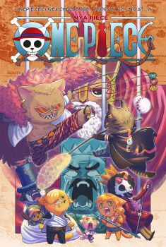1girl 6+boys absurdres animalization ascot bandaged_torso bikini bikini_top_only black_coat black_eyes black_hair brook_(one_piece) caesar_clown cane cape capri_pants cat_boy cat_girl coat colored_sclera concealed_weapon copyright_name crown crying crying_with_eyes_open donquixote_doflamingo earrings empty_eyes english_text eyewear_on_head fake_beard fake_facial_hair fighting furry green_sclera hair_over_one_eye hat helmet highres holding holding_cane holding_weapon jewelry kouzuki_momonosuke log_pose monkey_d._luffy mouth_hold multiple_boys nami_(one_piece) one_piece open_clothes open_shirt pants parody pink_ascot pink_coat red_cape red_coat reindeer riku_dold_iii sanji_(one_piece) scar scar_on_face scared sharp_teeth shirt shoulder_tattoo skeleton small_sweatdrop stalk_in_mouth sunglasses swimsuit sword_cane tattoo tears teeth tony_tony_chopper top_hat trafalgar_law unicat-w weapon white_hat white_shirt