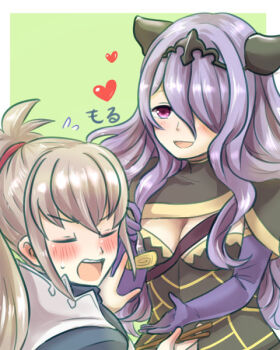 Rule 34 | 1boy, 1girl, assertive female, between breasts, blush, breasts, camilla (fire emblem), cleavage, closed eyes, feeding, fire emblem, fire emblem fates, fork, grey hair, hair over one eye, heart, nintendo, older female and younger male, one eye covered, purple eyes, purple hair, simple background, strap between breasts, takumi (fire emblem), tiara