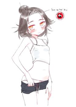 Rule 34 | 1girl, bare arms, bare shoulders, black hair, blush, bow, bow panties, breasts, camisole, closed mouth, eds, hair bun, highres, looking at viewer, navel, original, panties, small breasts, solo, striped clothes, striped panties, thick eyebrows, underwear, white background, white panties