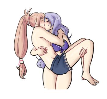1boy 1girl assertive_female bikini camilla_(fire_emblem) camilla_(tropical_beauty)_(fire_emblem) carrying chignon closed_eyes fire_emblem fire_emblem_fates grey_hair kiss long_hair male_swimwear nintendo princess_carry purple_hair swim_trunks swimsuit takumi_(fire_emblem) trademaster1999 transparent_background wavy_hair