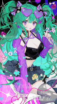 1girl absurdres belt black_belt black_skirt black_thighhighs bow breasts cleavage commentary_request crop_top finana_ryugu flower green_hair hair_ornament heart heart-shaped_eyewear highres jacket long_hair looking_at_viewer medium_breasts midriff navel nijisanji nijisanji_en open_mouth purple_eyes purple_jacket sensitive shi_mita skirt solo thigh_strap thighhighs torn_clothes torn_thighhighs twintails two_side_up very_long_hair virtual_youtuber