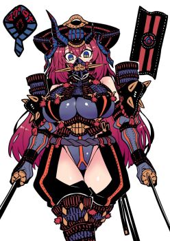1girl armor crotchless crotchless_pants demon_horns dual_wielding highres holding holding_sword holding_weapon horns japanese_armor katana kusazuri leotard magrona magrona_channel menpoo pants purple_leotard red_hair shikoro sword tukiwani virtual_youtuber weapon