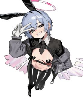 Rule 34 | 1girl, absurdres, animal ears, arknights, black necktie, blue hair, breasts, breasts apart, detached wings, ear piercing, gloves, grey eyes, grey jacket, hairband, halo, hand up, head tilt, heart maebari, heart pasties, highres, hiphighs, jacket, looking at viewer, maebari, navel, necktie, off shoulder, open mouth, pasties, piercing, rabbit ears, reverse bunnysuit, reverse outfit, ruppu, short hair, short necktie, shrug (clothing), simple background, small breasts, smile, solo, spuria (arknights), v, white background, white gloves, wings