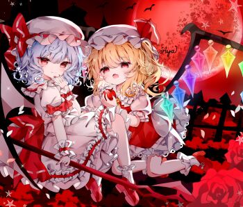 2girls apple ascot back_bow bat_(animal) bat_wings blonde_hair blue_hair bow chinese_commentary closed_mouth collared_shirt commentary_request crystal crystal_wings flandre_scarlet flower food frilled_shirt_collar frills fruit full_moon hat hat_ribbon highres holding holding_food holding_fruit holding_polearm holding_weapon looking_at_viewer mary_janes mob_cap moon multicolored_wings multiple_girls nya_(pixiv_100585577) one_side_up open_mouth pink_nails polearm puffy_short_sleeves puffy_sleeves red_bow red_eyes red_flower red_moon red_nails red_rose red_shoes red_skirt red_vest remilia_scarlet ribbon rose shirt shoes short_sleeves siblings signature sisters skirt skirt_set sleeve_bow smile socks touhou vest weapon white_hat white_shirt white_skirt white_socks wings wrist_cuffs yellow_ascot