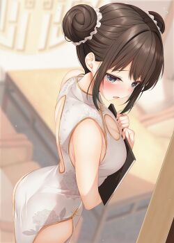 Rule 34 | 1girl, back cutout, bare shoulders, blue eyes, blush, breasts, brown hair, china dress, chinese clothes, cleavage, cleavage cutout, clothing cutout, commentary request, double bun, dress, floral print, floral print dress, from above, from side, gold trim, hair bun, hands up, holding, holding menu, looking at viewer, looking to the side, menu, minato ojitan, open mouth, original, pelvic curtain, print dress, sleeveless, sleeveless dress, solo