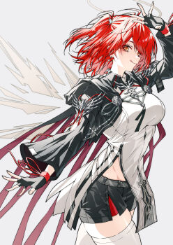 1girl absurdres arknights black_gloves black_jacket black_shorts breasts closed_mouth commentary_request cowboy_shot cropped_jacket cross cross_earrings detached_wings dress earrings energy_wings exusiai_(arknights) exusiai_the_new_covenant_(arknights) eyelashes fingerless_gloves from_side gloves grey_background halo highres hood hooded_jacket jacket jewelry licking_lips medium_breasts medium_hair open_clothes open_jacket orange_eyes pelvic_curtain red_hair shokikanes shorts side_slit simple_background smile solo standing thighhighs tongue tongue_out traditional_halo white_dress white_thighhighs wings zettai_ryouiki