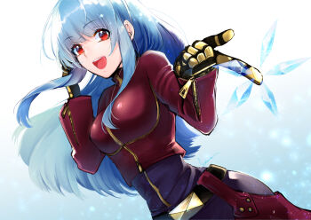 1girl :d belt blue_hair bodysuit breasts chaps commentary_request cropped_jacket cryokinesis gloves ice jacket kula_diamond long_hair looking_at_viewer medium_breasts nanase_kokono open_mouth red_eyes smile solo the_king_of_fighters the_king_of_fighters_2000 zipper