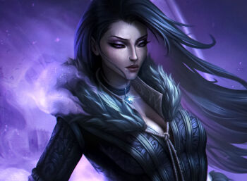 1girl black_choker black_hair black_jacket choker highres jacket lara_nedorostova long_hair magic pendant_choker purple_eyes solo the_witcher_(series) the_witcher_3 upper_body yennefer_of_vengerberg