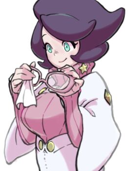 1girl adjusting_eyewear big_hair breasts capelet commentary_request green_eyes high-waist_skirt holding holding_removed_eyewear large_breasts long_sleeves mature_female medium_skirt nintendo pencil_skirt pink-framed_eyewear pink_sweater pokemon pokemon_sm purple_hair ribbed_sweater short_hair skirt smile solo sweater turtleneck turtleneck_sweater unworn_eyewear upper_body white_capelet white_skirt wicke_(pokemon) yeahhhhmon