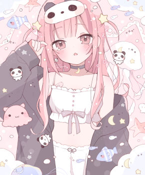 1girl animal black_choker black_jacket blob blush choker cowboy_shot fish hand_up highres hinase01 jacket long_hair long_sleeves looking_at_viewer loungewear mask mask_on_head midriff mole mole_under_eye nijisanji off_shoulder official_alternate_costume open_clothes open_mouth pastel_colors pink_eyes pink_hair sasaki_saku sasaki_saku_(8th_costume) sleep_mask solo standing straight-on virtual_youtuber