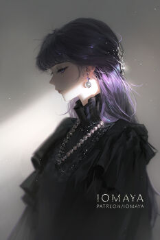 1girl artist_name bead_necklace beads black_collar black_dress blunt_bangs blurry_edges collar commentary dress earrings english_commentary expressionless facing_away fern_(sousou_no_frieren) frilled_dress frills grey_background high_collar highres jewelry light_particles long_eyelashes long_hair looking_down multiple_necklaces necklace nixeu patreon_username profile purple_eyes purple_hair shadow simple_background solo sousou_no_frieren sphere_earrings standing upper_body