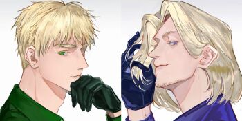 2boys axis_powers_hetalia blonde_hair facial_hair france_(hetalia) gloves goatee_stubble green_eyes highres looking_at_viewer male_focus multiple_boys portrait purple_eyes short_hair simple_background smile split_screen stubble thick_eyebrows united_kingdom_(hetalia) wanlaijuji132 white_background