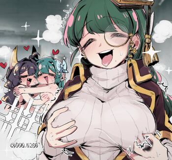 3girls an_sin artist_name black_hair blush bow breasts cape closed_eyes earrings fang grabbing_another's_breast grabbing_own_breast green_hair groping hair_bow hat heart highres hiiragi_utena himejoshi horns imagining jewelry korean_commentary large_breasts long_hair magia_azure magia_baiser mahou_shoujo_ni_akogarete minakami_sayo momomori_momo monocle mortarboard multiple_girls nipple_stimulation nipple_tweak nude open_mouth pantano_pesca saliva sparkle sweat sweater teeth tongue tongue_out upper_teeth_only yuri