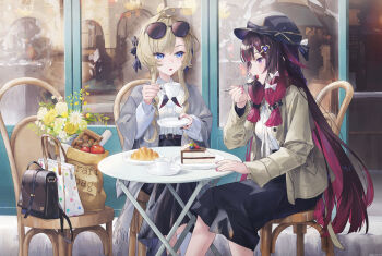 2girls absurdres alternate_costume bag black_bag black_hair black_hat black_skirt blue_eyes bow bright_pupils brown_hair cake cake_slice chair chinese_commentary columbina_(genshin_impact) commentary_request cup eyewear_on_head food genshin_impact hair_ornament hands_up hat highres holding holding_cup holding_plate holding_spoon jacket long_hair long_sleeves multiple_girls on_chair open_clothes open_jacket open_mouth parted_lips plate purple_eyes purple_hair purple_nails sandrone_(genshin_impact) short_hair_with_long_locks simple_background sitting skirt smile spoon sunglasses swkl:d very_long_hair white_background white_bag white_bow white_pupils