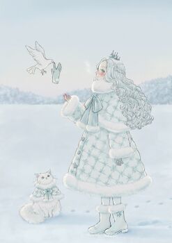 Rule 34 | 1girl, absurdres, bird, blue boots, blue bow, blue capelet, blue dress, blue eyes, blue gloves, blue hair, boots, bow, braid, capelet, cat, coat dress, commentary request, cosame22, crown, dove, dress, forehead, from side, full body, fur-trimmed boots, fur-trimmed bow, fur-trimmed capelet, fur-trimmed dress, fur-trimmed sleeves, fur collar, fur trim, gloves, half up braid, hand up, highres, long hair, long sleeves, looking at animal, open mouth, original, outdoors, quilted capelet, quilted clothes, quilted dress, single glove, snow, solo, white cat, wide sleeves, winter