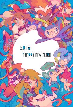 2016 2girls :3 alternate_costume ambipom antenna_hair auko blue_eyes blue_kimono bow brown_hair chimchar chinese_zodiac closed_eyes closed_mouth commentary_request dot_nose english_text eyelashes fangs fire flame-tipped_tail fur-trimmed_kimono fur_trim gen_1_pokemon gen_4_pokemon gen_5_pokemon hair_bow hairband happy_new_year holding holding_pokemon infernape japanese_clothes kimono long_hair long_sleeves mankey may_(pokemon) medium_hair monferno monkey multiple_girls new_year nintendo nostrils open_mouth outstretched_arms panpour pansage pansear pokemon pokemon_(creature) pokemon_oras pokemon_xy red_hairband red_kimono serena_(pokemon) smile spread_arms star_(symbol) striped_bow tail teeth v-shaped_eyes year_of_the_monkey