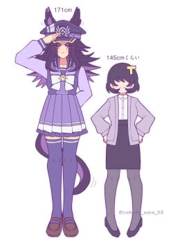 2girls animal_ears black_hair black_skirt blush bow bowtie closed_mouth commentary_request ears_through_headwear female_trainer_(umamusume) fenomeno_(umamusume) flipped_hair frown grey_pantyhose hair_ornament hat height_difference highres horse_ears horse_girl horse_tail horseshoe_hat_ornament horseshoe_ornament jacket letter_hair_ornament long_hair long_sleeves looking_at_viewer multicolored_hair multiple_girls open_clothes open_jacket pantyhose peaked_cap pleated_skirt purple_eyes purple_hair purple_sailor_collar purple_serafuku purple_shirt purple_skirt purple_thighhighs sailor_collar sailor_shirt salute school_uniform serafuku shirt shoes short_hair skirt smile tail thighhighs tracen_school_uniform trainer_(umamusume) umamusume w3n6e white_bow white_bowtie white_shirt
