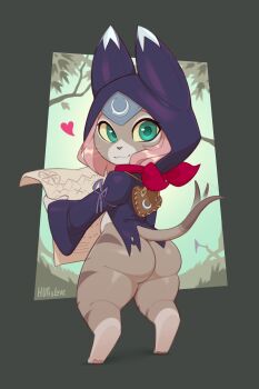 1girl animal_ears ass black_cloak brown_fur cat_ears cat_girl cat_tail cloak from_behind furry furry_female green_eyes highres hood hooded_cloak huffslove map monster_hunter_(series) solo tail thick_thighs thighs tsukino_(monster_hunter) wide_hips