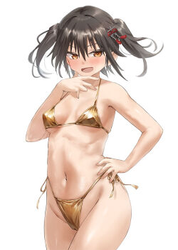 Rule 34 | 1girl, bikini, blush, breasts, brown eyes, brown hair, cowboy shot, gold bikini, hair ornament, kantai collection, looking at viewer, open mouth, scarf, sendai (kancolle), sendai kai ni (kancolle), shiny swimsuit, short hair, small breasts, smile, solo, swimsuit, toka (marchlizard), two side up