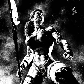 1girl 2018 artist_name commentary dark_background dated english_commentary fighting_stance greyscale highres holding holding_polearm holding_weapon looking_to_the_side monochrome muscular muscular_female original polearm signature sketch spear tank_top traditional_media tribal valerio_giangiordano warrior weapon