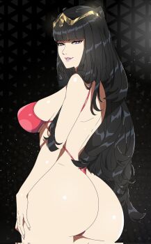 1girl alternate_costume ass ass_focus bare_shoulders bikini black_hair breasts circlet come_hither fire_emblem fire_emblem_awakening fire_emblem_heroes from_behind highres huge_ass large_breasts long_hair looking_at_viewer naughty_face nintendo purple_eyes r3dfive sideboob smile solo swimsuit tharja_(fire_emblem) tharja_(summer)_(fire_emblem) thong thong_bikini very_long_hair