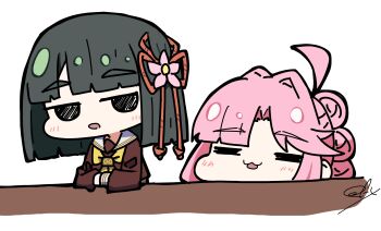 2girls :3 :d :o =_= absurdres ahoge anyoji_hime blush brown_dress chibi chibi_only closed_eyes curtained_hair dress flipped_bangs green_hair hasu_no_sora_school_uniform highres jitome link!_like!_love_live! long_hair long_sleeves looking_at_another love_live! momose_ginko multi-tied_hair multiple_girls neckerchief oofushi_ao open_mouth parted_bangs pink_hair ponytail sailor_collar sailor_dress school_uniform sidelocks signature simple_background smile virtual_youtuber white_background white_sailor_collar winter_uniform yellow_neckerchief