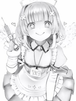 absurdres amane_kanata amane_kanata_(nurse) angel_wings breasts greyscale hat highres holding holding_syringe hololive monochrome nanashi_(nlo) nipples nurse_cap small_breasts syringe wings