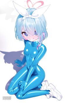 @_@ blue_archive blue_eyes blue_hair blush bodysuit bow_hairband hairband latex latex_bodysuit maguro27 shoes sneakers