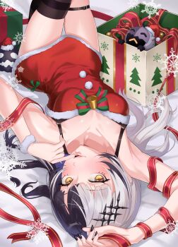 1girl absurdres alternate_costume black_hair black_thighhighs breasts christmas_present commentary dress english_commentary fur-trimmed_dress fur_trim gift highres hololive hololive_english long_hair looking_at_viewer lying matryo8 medium_breasts multicolored_hair on_back open_mouth red_dress red_ribbon ribbon santa_costume santa_dress shiori_novella single_thighhigh solo split-color_hair thighhighs virtual_youtuber white_hair yellow_eyes