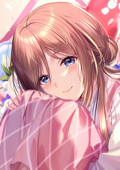 1girl blue_eyes blush brown_hair commentary dress english_commentary fingernails gakuen_idolmaster head_rest highres himesaki_rinami idolmaster knees_up ldfe_mk2 long_hair looking_at_viewer pink_dress shirt smile solo white_shirt