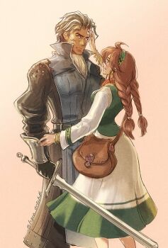 1boy 1girl black_hair braid braided_twintails brown_bag brown_hair closed_mouth commentary_request holding holding_sword holding_weapon long_hair looking_at_another mature_male octopath_traveler octopath_traveler_i olberic_eisenberg pink_background primrose_azelhart regan_(hatsumi) smile standing sword weapon