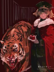 Rule 34 | 1girl, abstract background, arm at side, blonde hair, blood, blurry, blurry background, brown eyes, cape, closed mouth, daiba nana, feet out of frame, food, fur-trimmed cape, fur trim, gloves, green hat, green jacket, green pants, hair over one eye, hand up, hat, highres, holding, holding food, holding sword, holding weapon, jacket, long sleeves, looking at viewer, military uniform, one eye covered, osakana (denpa yun&#039;yun), pants, peaked cap, red cape, serious, short hair, short twintails, shoujo kageki revue starlight, solo, standing, sword, tiger, tomato, translation request, twintails, uniform, weapon, white gloves