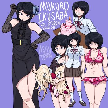 1girl abs absurdres artist_name ashytown bare_shoulders bikini birthday_cake black_dress black_gloves black_hair black_shirt blue_eyes blue_flower blush blush_stickers breast_pocket breasts brown_shoes brown_skirt cake candle closed_eyes closed_mouth collared_shirt commentary cosplay danganronpa danganronpa/zero danganronpa:_trigger_happy_havoc danganronpa_(series) danganronpa_10th_anniversary_costume danganronpa_s:_ultimate_summer_camp dress elbow_gloves english_text enoshima_junko enoshima_junko_(cosplay) eyelashes fire fishnet_gloves fishnets flower food freckles gloves grin hair_flower hair_ornament hand_on_own_hip highres holding holding_wig ikusaba_mukuro multiple_views neck_ribbon official_alternate_costume pink_bikini pocket print_bikini purple_background red_ribbon red_skirt ribbon shirt shoes short_hair short_sleeves simple_background skirt smile socks spoilers swimsuit teeth toned toned_female two-tone_bow unworn_wig white_shirt white_socks wig