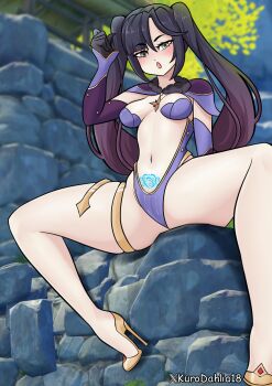 1girl breasts cameltoe genshin_impact gloves high_heels highres kurodahlia18 leotard mona_(genshin_impact) sitting small_breasts solo solo_focus spread_legs thick_thighs thighs wide_hips