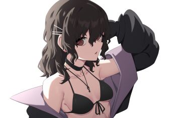 1girl adachi_t_(xadachit) alternate_costume bikini black_bikini black_choker black_hair black_jacket breasts choker collarbone commentary english_commentary from_side front-tie_bikini_top front-tie_top girls&#039;_frontline girls&#039;_frontline_neural_cloud hair_between_eyes hatsuchiri_(neural_cloud) highres jacket jewelry key key_necklace long_hair looking_at_viewer necklace off_shoulder open_clothes open_jacket open_mouth red_eyes sidelocks simple_background small_breasts solo string_bikini swimsuit upper_body white_background