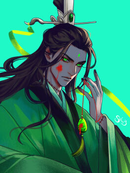 1boy absurdres artist_name backlighting bindi black_hair black_nails blood blood_drip blood_on_face chinese_clothes closed_mouth curtained_hair facial_mark floating_hair forehead_mark frown gem glowing glowing_eyes green_background green_eyes green_gemstone green_hanfu green_ribbon hair_bun half_updo hanfu highres long_hair long_sleeves looking_at_viewer male_focus renzha_fanpai_zijiu_xitong ribbon ribboned_xiao_guan serious shen_qingqiu siliceb single_hair_bun solo stitched_neck stitched_wrist stitches string string_of_fate upper_body v-shaped_eyebrows wide_sleeves xiao_guan_(headdress)