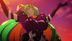 1girl animated anime_screenshot black_gloves blonde_hair bouncing_breasts breasts colored_skin cthulhu_(necronomico_no_cosmic_horror_show) cygames dress elbow_gloves eldritch_abomination gloves gradient_hair green_hair green_skin highres huge_breasts large_breasts mayusaka_mayu multicolored_hair necronomico_no_cosmic_horror_show outstretched_arms possessed possession purple_dress red_eyes red_hair revealing_clothes smile sound star-shaped_pupils star_(symbol) symbol-shaped_pupils tagme upper_body video