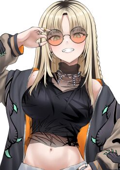 1girl black_hair black_jacket black_nails blonde_hair braid breasts commentary_request eda-cchi green_eyes grin highres hololive hololive_dev_is jacket jewelry koganei_niko koganei_niko_(1st_costume) large_breasts long_hair looking_at_viewer midriff multicolored_hair navel open_clothes open_jacket orange-tinted_eyewear parted_bangs raglan_sleeves round_eyewear smile solo stomach streaked_hair sunglasses teeth tinted_eyewear virtual_youtuber