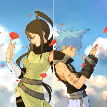 1boy 1girl black_hair black_star blue_hair breasts closed_eyes falling_petals flower gauntlets large_breasts lullul nakatsukasa_tsubaki ninja outdoors petals shoulder_tattoo sleeveless soul_eater star_(symbol) tattoo