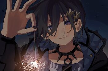 1boy black_hair black_nails blush collar colored_eyelashes earrings fireworks hair_between_eyes hair_ornament hairclip handprint hashtag-only_commentary holding holding_fireworks holostars jacket jewelry kanade_izuru kanade_izuru_(1st_costume) kiritachi_(pixiv_113812466) lightning_bolt lightning_bolt_hair_ornament lightning_bolt_symbol long_sleeves looking_at_viewer male_focus nail_polish night night_sky padded_jacket portrait purple_eyes shirt short_hair sky smile sparkler spiked_collar spikes two-sided_fabric two-sided_jacket virtual_youtuber