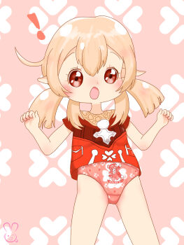 ! 1girl ahoge animal blonde_hair blush character_print clothes_writing cross cross_print crotch_seam flat_chest floral_background floral_print genshin_impact jojifuku klee_(genshin_impact) loli looking_at_viewer low_twintails open_mouth panties pink_background pointy_ears pom_pom_(clothes) print_panties print_shirt rabbit red_eyes red_panties red_shirt shirt short_hair short_sleeves standing surprised twintails underwear urameido