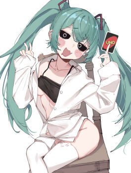 1girl animal_ear_legwear aqua_hair black_sclera borrowed_clothes breasts card cat_ear_legwear chair colored_sclera commentary drooling fang hatsune_miku highres holding holding_card long_hair looking_at_viewer mesugaki mimukauwa_nice_try_(vocaloid) mouth_drool no_panties open_mouth rikuhito_juusan shirt simple_background sitting skin_fang small_breasts thick_thighs thighhighs thighs twintails uno_(game) v vocaloid white_background white_shirt white_thighhighs