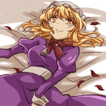 Rule 34 | blonde hair, bow, bowtie, breasts, buttons, closed mouth, dress, hair between eyes, hat, long dress, long sleeves, looking at viewer, lying, maribel hearn, medium hair, mob cap, on back, puffy long sleeves, puffy sleeves, purple dress, red bow, red bowtie, sanwa no jako (daikichi club), sash, sleeve cuffs, smile, touhou, white hat, white sash, yellow eyes