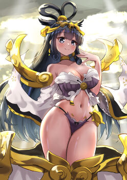 1girl absurdres amaterasu_(nyanko_daisensou) bare_shoulders black_hair breasts cleavage cloud cloudy_sky commentary_request cowboy_shot highres isazawa long_sleeves looking_at_viewer navel nyanko_daisensou panties purple_panties sidelocks sky smile solo stomach underwear wide_sleeves