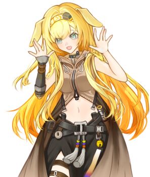 1girl :d animal_ears aqua_eyes arknights arms_up bare_shoulders bell black_choker black_pants blonde_hair brigid_(arknights) brown_vest chinese_commentary choker commentary_request cowboy_shot crop_top cropped_vest hair_intakes hairband hood hood_down hooded_vest hoodie jingle_bell long_hair midriff navel open_mouth pants simple_background sleeveless smile solo standing thigh_strap vest white_hairband xinfengjikui yellow_hairband zipper