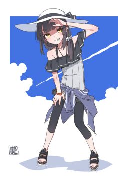 1girl akari_(raigou) black_hair black_nails blue_sky border bow clothes_around_waist cloud elf flat_chest hat hat_bow highres jacket jacket_around_waist long_hair nail_polish original outdoors pointy_ears ponytail raigou seal_impression shadow sharp_teeth sidelocks sky smile solo teeth thick_eyebrows toenail_polish toenails white_border white_hat yellow_eyes